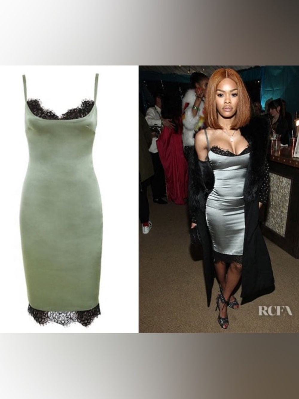 New $195 House of CB Sage Green Satin Slip Dress Slate Black Lace midi cocktail